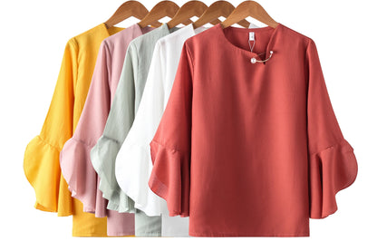 Seven-point Female Ruffled Sleeved Loose Shirt Chiffon Blouses