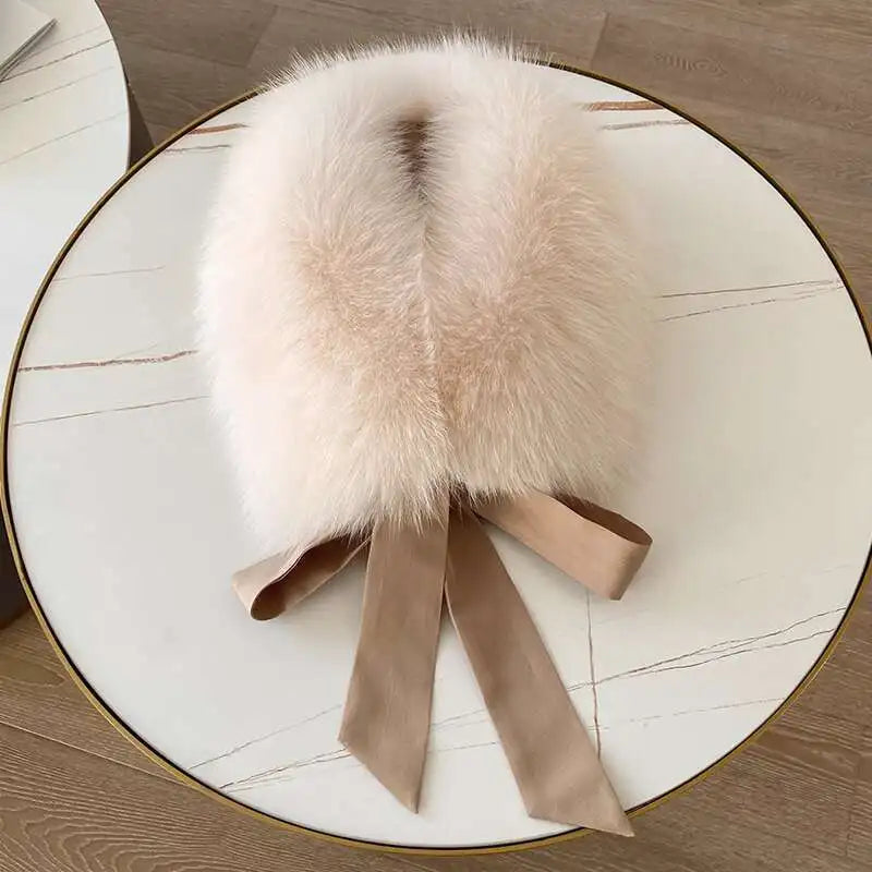 Winter Warm Fox Fur Collar Female Real Fur Collar Fashion Fluffy Clothing Accessories Collar Women Luxury Fur Scarf With Ribbons