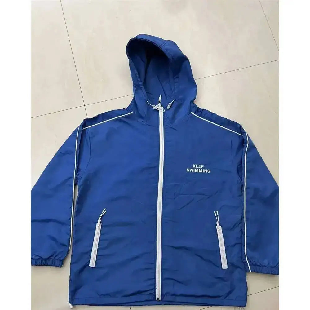 Kpop Keep Swimming Print Zipper Blue Hooded Windbreaker Jacket Men Women Men Outdoor Casual Keep Swimming Coat