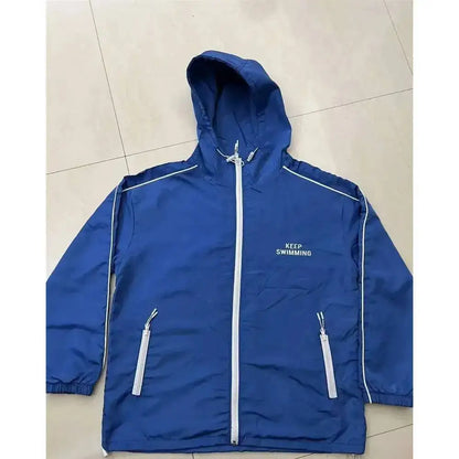 Kpop Keep Swimming Print Zipper Blue Hooded Windbreaker Jacket Men Women Men Outdoor Casual Keep Swimming Coat