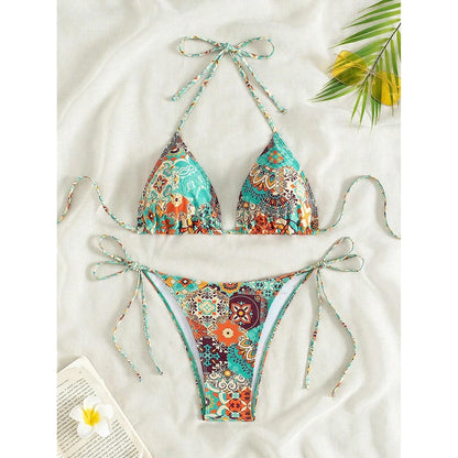 Swimsuit 2026 Female Micro Bikini Women Swimwear Summer Beachwear Women's Bathing Suit Floral Print Neck Halter Thong Bikini Set