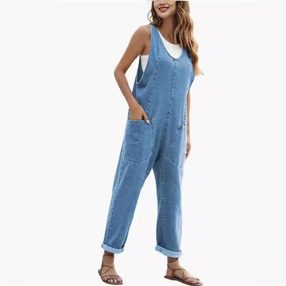 Denim Jumpsuit Women One Piece Sleeveless Rompers Pocket V Neck Spliced Casual Overalls Loose Jeans Jumpsuit Y2k Streetwear