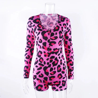 OMSJ 2024 Rompers Women Sleepwear Sky Blue Leopard Print Long Sleeve Short Jumpsuit Sexy Onesie For Adult Female Nightwear S-3XL