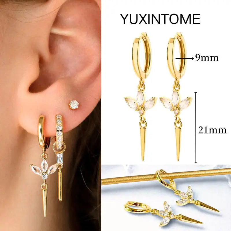 White Color Zircon Hoop Earrings 925 Sterling Silver Needle Cross/Star/Flower/Water Drop Pendant Gold Earrings Luxury Jewelry