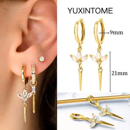 White Color Zircon Hoop Earrings 925 Sterling Silver Needle Cross/Star/Flower/Water Drop Pendant Gold Earrings Luxury Jewelry