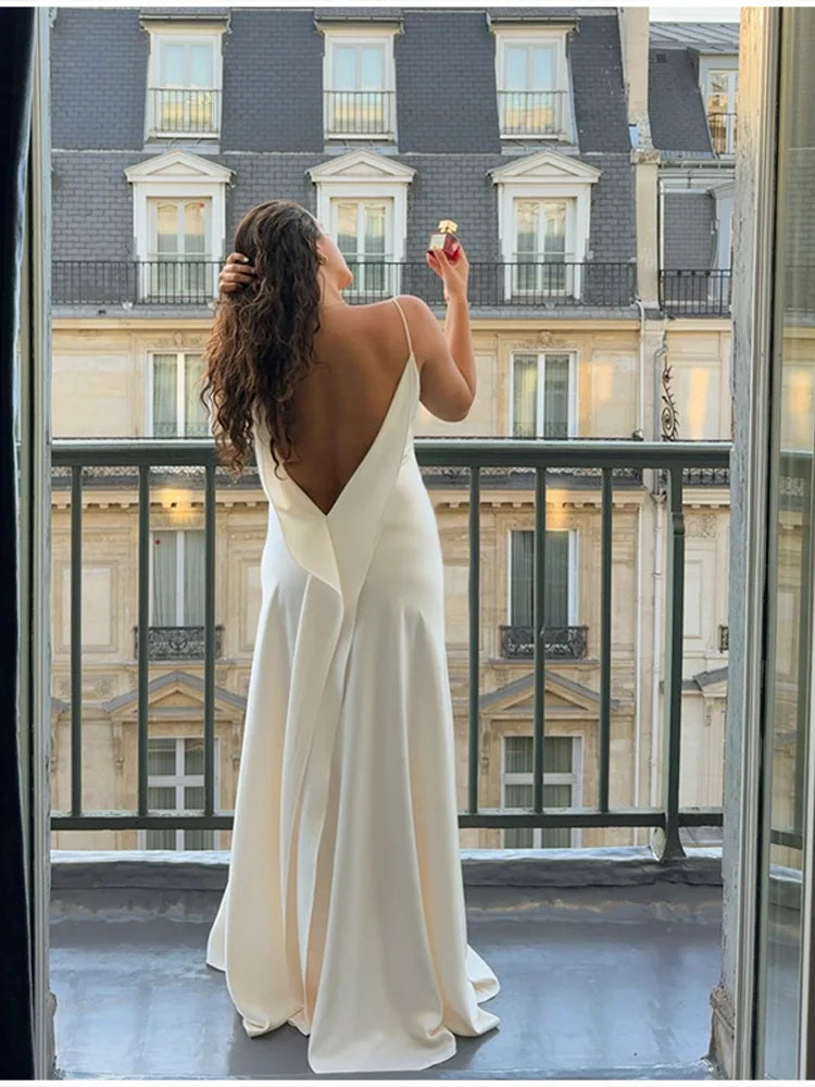 Luxury White Satin Backless Veatido Women Sexy Spaghetti Strap V-neck High Split Midi Dress Vacation Evening Party Beach Outfits