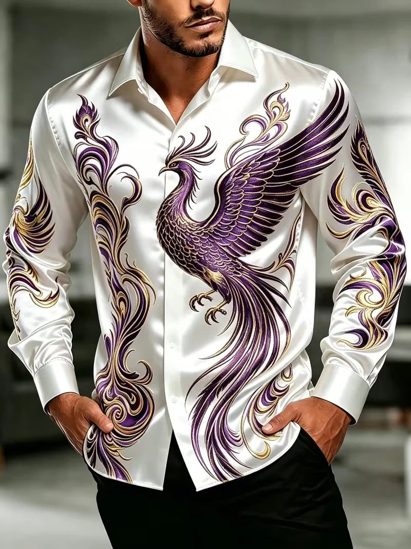 New Men's Purple Gold Phoenix National Style Curly Grass 3D Printed Long Sleeve Shirt Smooth High Gloss Collar Top