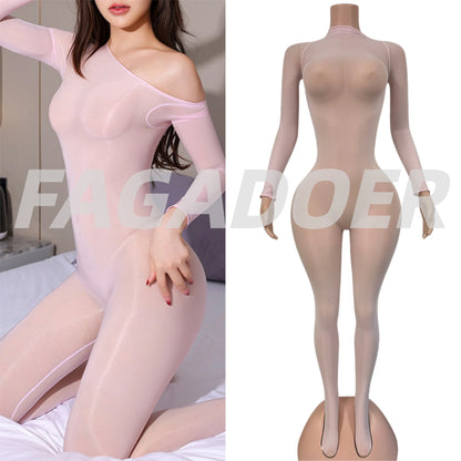 FAGADOER Summer New Sexy Mesh See Through Bodycon Jumpsuit Woman Long Sleeved Round Neck Rompers Female Party Club Overalls