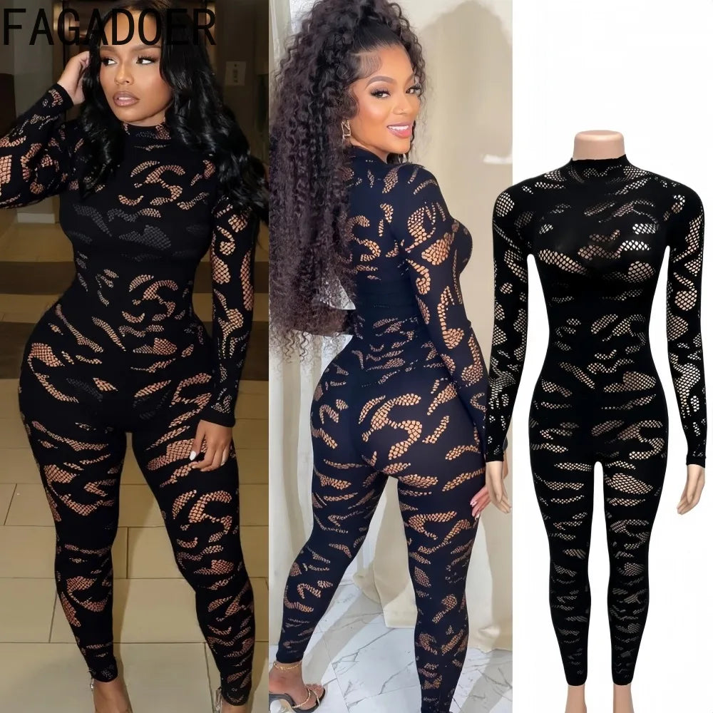 FAGADOER Sexy Lace See Through Patchwork Bodycon Jumpsuits for Woman Hollow-out Long Sleeves Rompers Female Streetwear Overalls