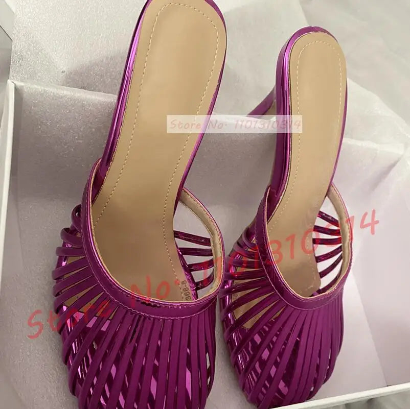 Cage Round Toe Metallic Mules Women New In Sexy Luxury High Heel Shoes Female Thin Strap 2023 Summer Elegant Chic Solid Slippers