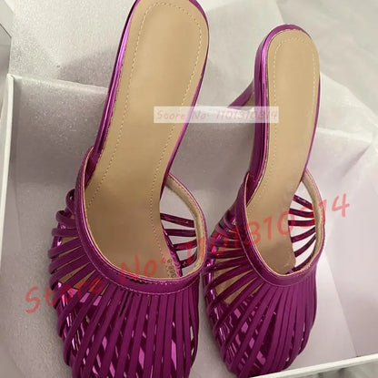 Cage Round Toe Metallic Mules Women New In Sexy Luxury High Heel Shoes Female Thin Strap 2023 Summer Elegant Chic Solid Slippers