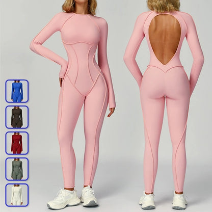Sexy Hollow Back Long Sleeve Yoga Jumpsuit Women Quick Dry One-piece Yoga Suit Gym Training Leggings Playsuit Slim Fit Bodysuits