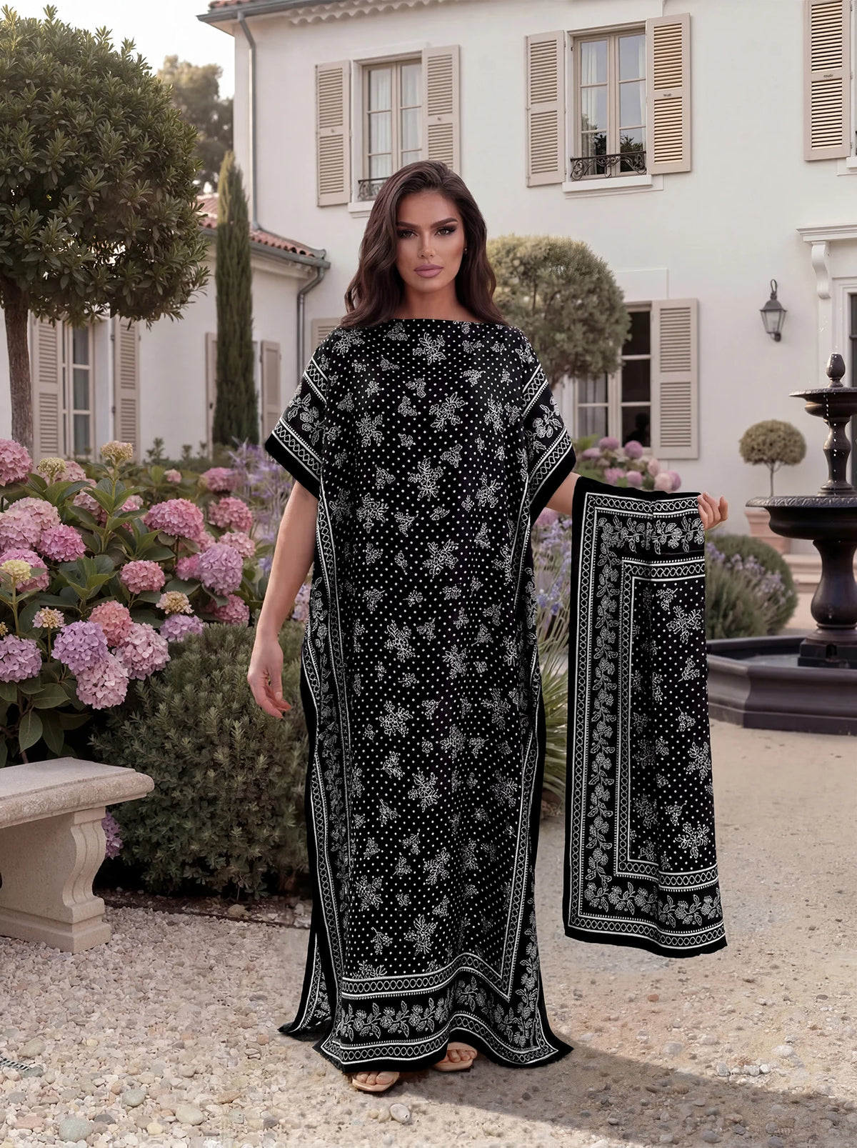 Boho Floral Polka Dot Print Satin Abaya Scarf Set, Loose Batwing Maxi Kaftan For Muslim Women Summer Beach Daily Holiday Wear