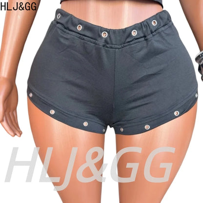 HLJ&GG Trend Fashion Letter Print Rivet Tshirts Two Piece Sets Women O Neck Sleeveless Top And Shorts Outfit Y2K 2pcs Streetwear