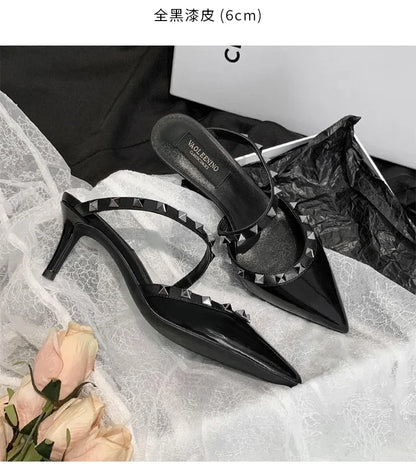 Heeled Sandals Summer Luxury Brand Rivets Women Slippers Fashion Leather Slingbacks Heels Slippers Designer Party Prom Shoes