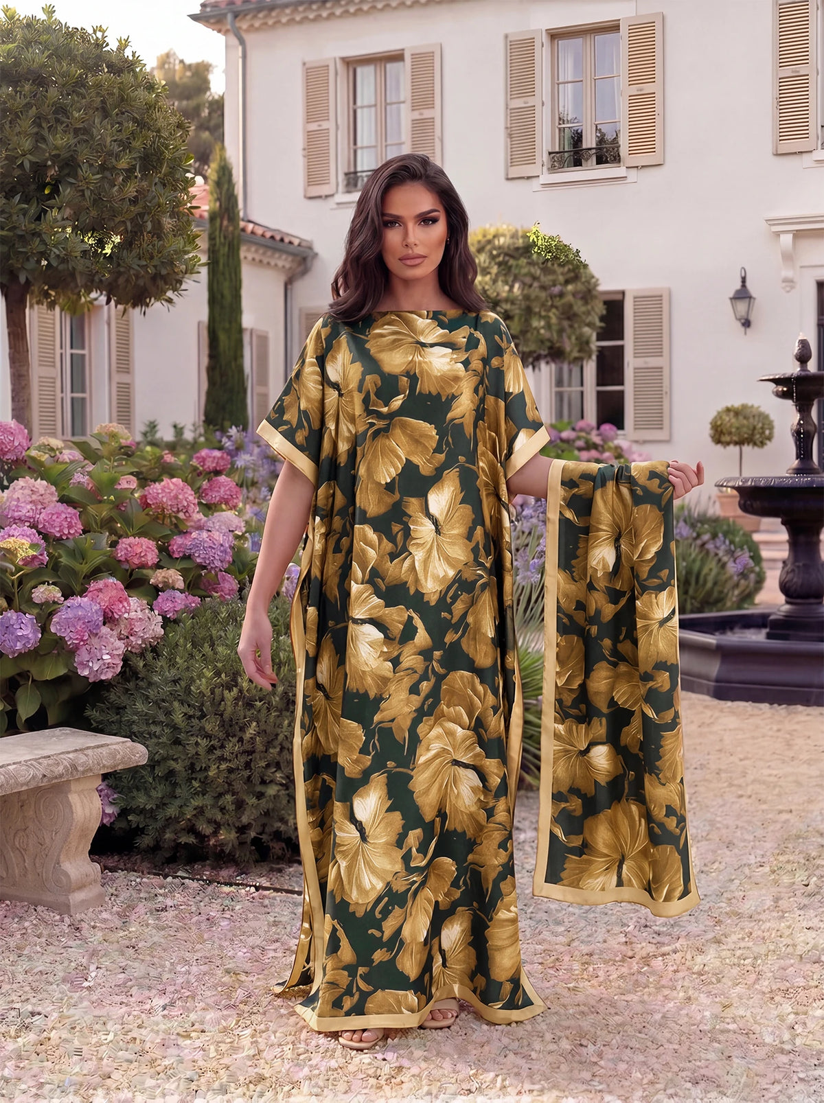 Boho Large Leaf Floral Print Satin Abaya Scarf Set, Loose Batwing Maxi Kaftan For Muslim Women Summer Beach Daily Holiday Wear