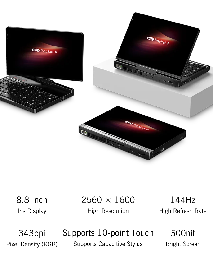 2026 New GPD Pocket4 2 in 1 Mini PC 8.8 Inch 144Hz AMD AI 9 HX370 64GB 2TB NVMe Portable Laptop Tablet