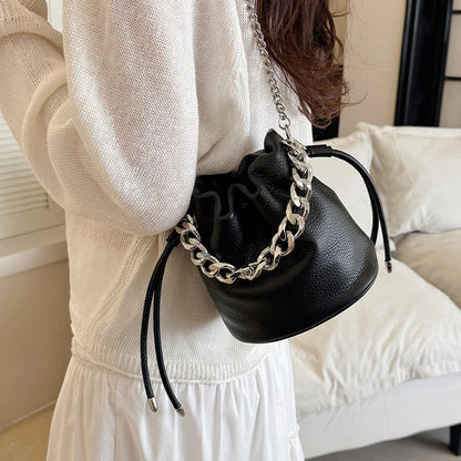 100% Genuine Leather Women Shoulder Crossbody Bags High Quality Solid Color Cow Leather Bucket Handbag Luxury Female Sac