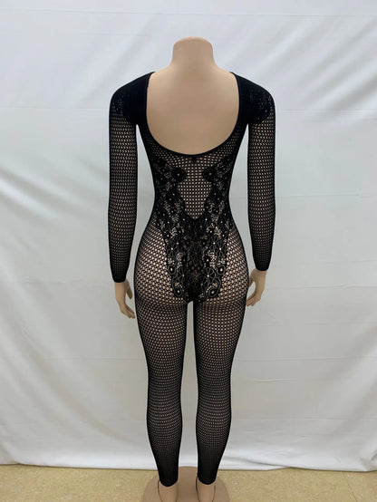 HLJ&GG Black Sexy High Quality Stretchy Knit See Though Bodycon One Piece Jumpsuits Women Long Sleeve Slim Playsuits Streetwear