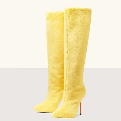 Lemon Yellow Fur Knee High Boots Women Full Fluffy Fur Pointed Toe Orange High Heels Winter Boots Female Fashion Warm Snow Shoes