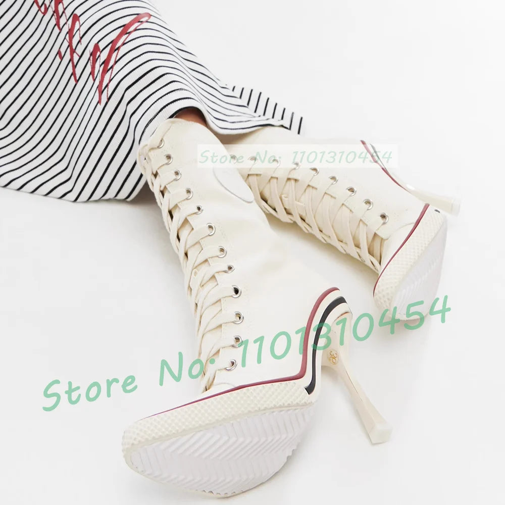 White High Heel Canvas Ankle Boots Women Front Cross-tied Pointy Toe Shoes Side Zipper Sexy Girls Sporty Casual High Top Booties