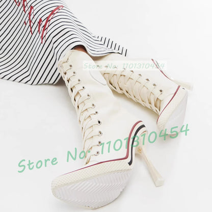 White High Heel Canvas Ankle Boots Women Front Cross-tied Pointy Toe Shoes Side Zipper Sexy Girls Sporty Casual High Top Booties
