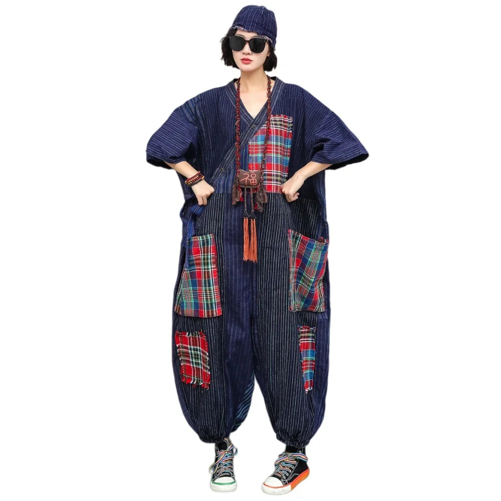 Women Plaid Jumpsuit Loose Wide Legs Short Sleeves Diagonal Buttons Straps Jumpsuit LX6229