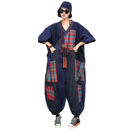 Women Plaid Jumpsuit Loose Wide Legs Short Sleeves Diagonal Buttons Straps Jumpsuit LX6229