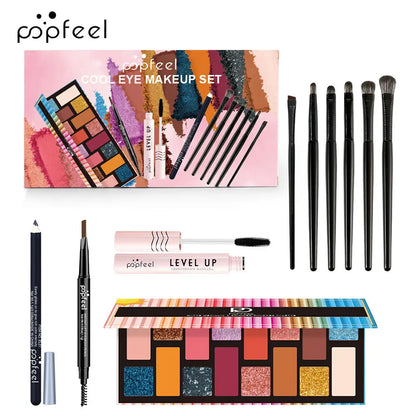 Essential Eye Makeup Set for Beginners Matte&Shimmer Eyeshadow Palette, Mascara, Eyebrow Pencil, Lip Eyeliner,Brush Tool Set Box