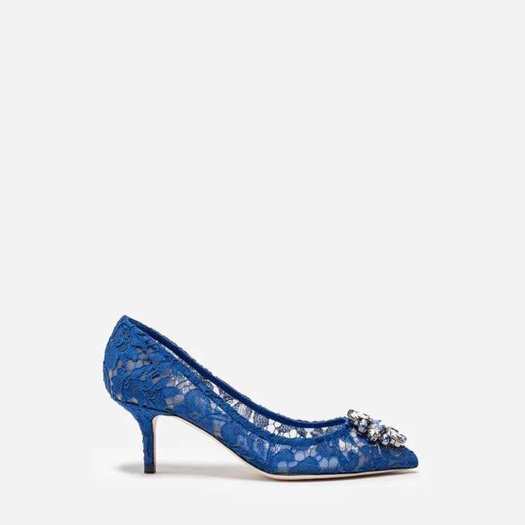 Mesh lace high-heeled shallow mouth shoes 2026 new pointed crystal buckle slim heel fashionable banquet women's single shoes