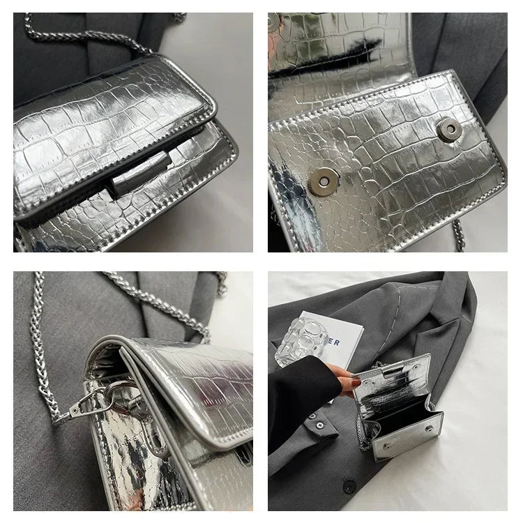 Vintage Women Silver Chic Crossbody Bag Luxury Designer Small Shoulder Bags Fashion Gold Mini Square Cute Pu Leather Handbag