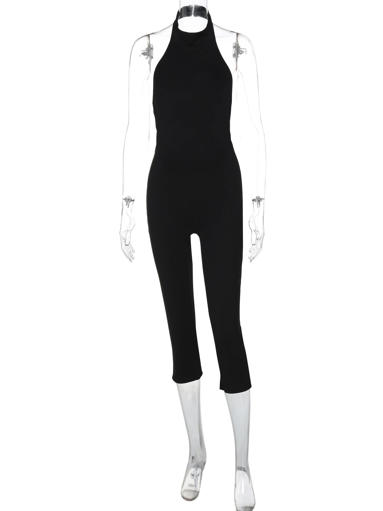 Hugcitar Ribbed Halter Backless Solid Button Sexy Bodycon Skinny Jumpsuit Summer Women Fashion Vacation Romper Streetwear Club