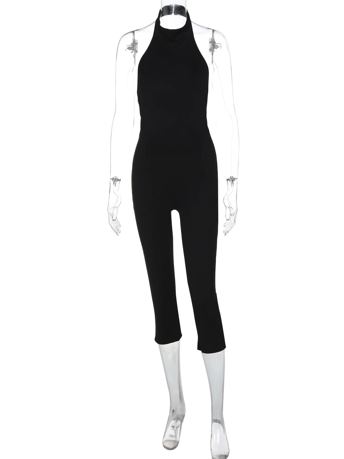 Hugcitar Ribbed Halter Backless Solid Button Sexy Bodycon Skinny Jumpsuit Summer Women Fashion Vacation Romper Streetwear Club