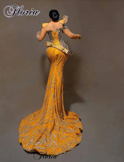 Full Heavy Handmade Gold Evening Dresses Beaded Long Sleeves Celebrity Dresses Prom Dresses Vestidos De Fiesta Customized 2026