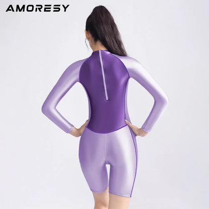 AMORESY Satin glossy bodysuit Long sleeved five quarter pants sports bodysuit color blocked bodysuit back zipper swimsuit
