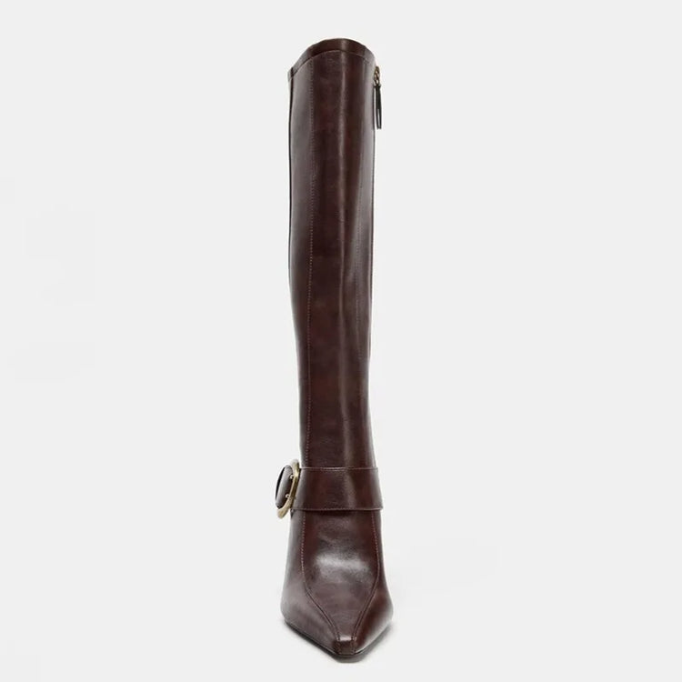 Winter Fashion Sexy Soft Leather Knee High Boots Women Metal Belt Buckle Ladies Zip Pointed Toe Designer Heels Long Shoes
