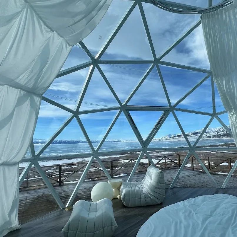 Custom Windproof Igloo Dome Camping Crystal Dome Tent Luxury Aluminum Glamping Geodesic Glass Dome House Tent With Bathroom