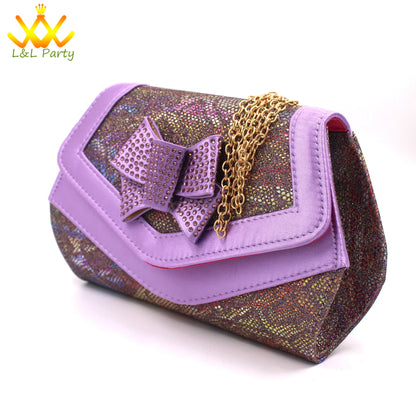 Pink New Arrivals Nigerian Women Shoes and Bag Set Italian Design Low Heels with Crystal Peep Toe Sandals for Party