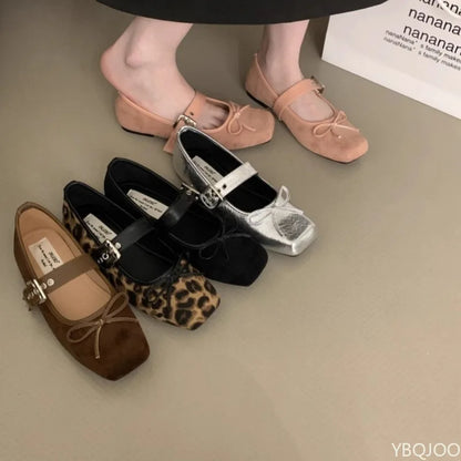 Women's Square Toe Shoes New Luxury Bow Flats Ladies Ballet Silver Belt Buckle Footwear Elegant Fashion Mary Jane Shoes Zapatos