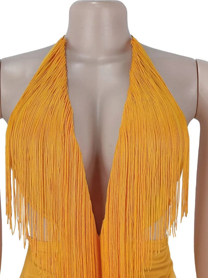 Kricesseen Sexy Solid Plunging V-Neck Fringe Backless Maxi Dress Women Halter High Slit Tassel Long Dress Party Clubwear Bodycon