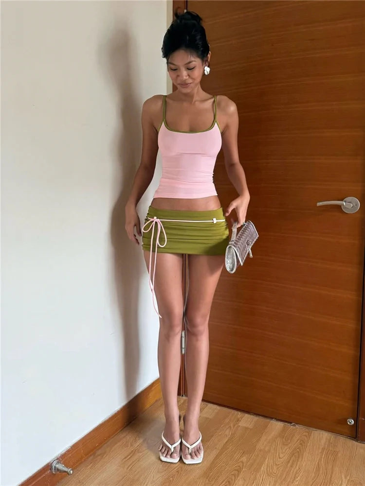 Kliou Contrast Patchwork 2 Piece Set Woman Summer Trend Low-Neck Backless Camisole Tops+Bandage Tassel Mini Skirt Y2K Style Suit