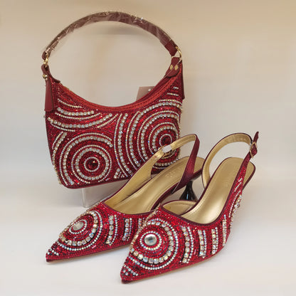 New Elegant Nigerian Women’s Gold Colour Heeled Shoes With Match Rhinestone Handbag Set Italian Design for Parties