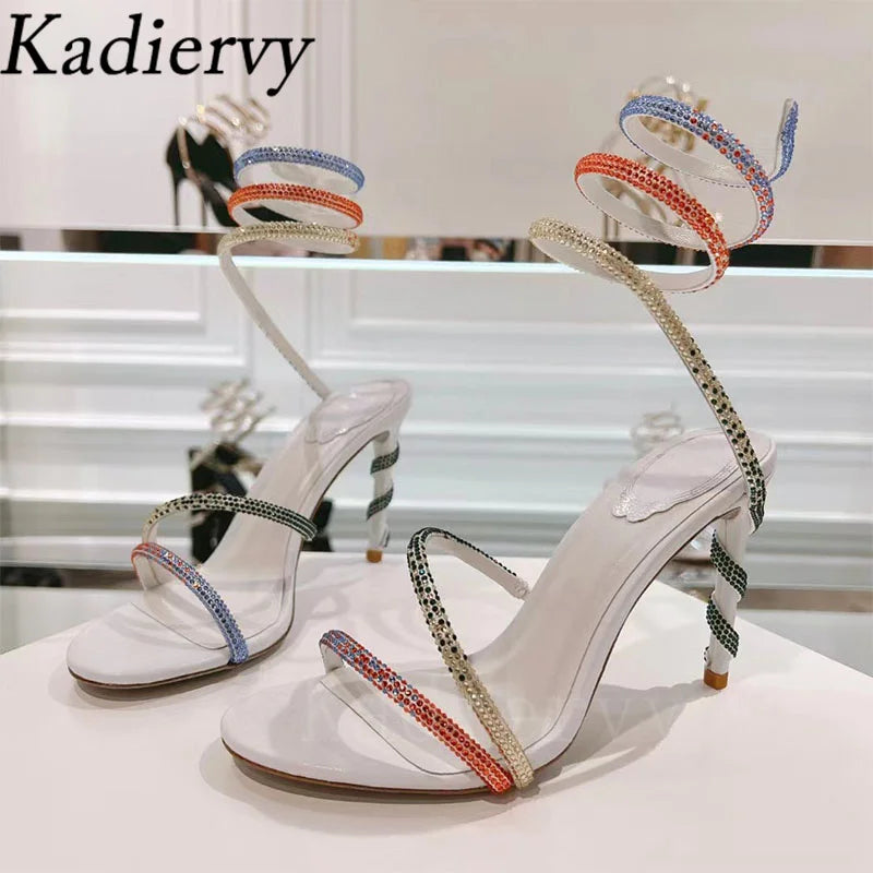 Luxury High Heels Sandals Woman Rhinestone Snake Twine Around Ankle Strap Wedding Shoes Stiletto Summer Gladiator Sandals Women