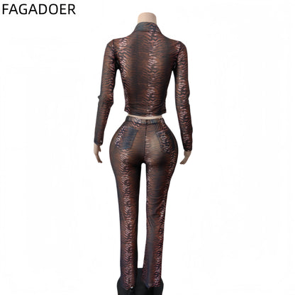 FAGADOER Y2K Fashion Tiger Striped Print Pants 2 Piece Sets Cool Girl Street Zipper Lapel Long Sleeves Top + Flare Pants Outfits