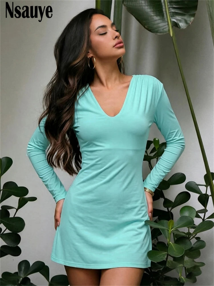 Nsauye Women's Casual Long Sleeve V Neck Slim Dress Women Clothing Elegant Shoulder Pads Short Dresses Vestidos
