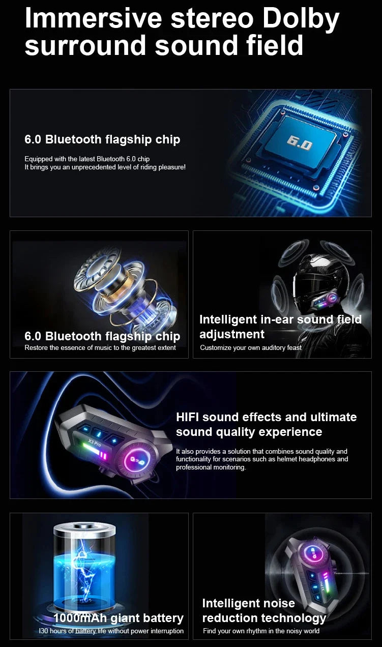 X3 Pro Motorcycle Helmet Bluetooth Headset 2-Riders Intercom 1000M BT6.0 IPX6 Waterproof Voice Assistant NoiseReduction FM Radio