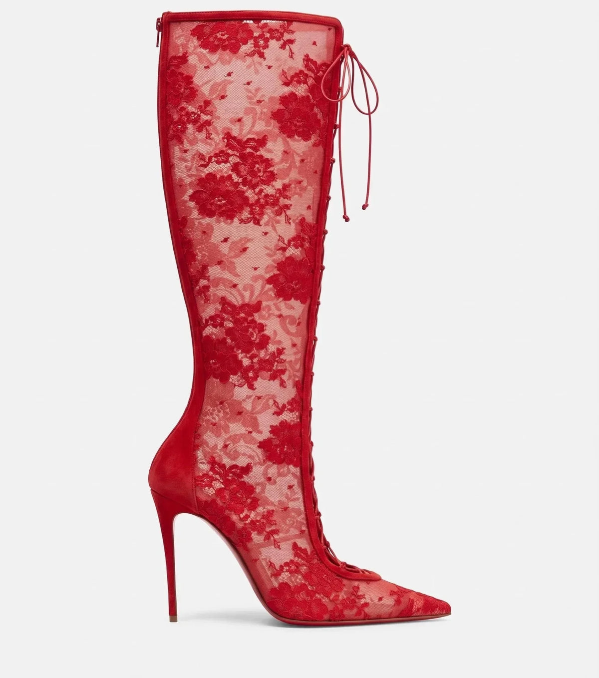 2026Spring and Summer Pointed Black Mesh Fine High Heels Knee Length Cool Boots Embroidered Lace Up Party Wedding Women's Boots