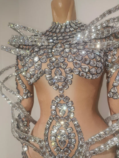 Women Sexy Sparkly Diamond Long Sleeves Spandex Stretch Jumpsuit Evening Birthday Party Bar Nightclub Dancer Stage Show Clothing