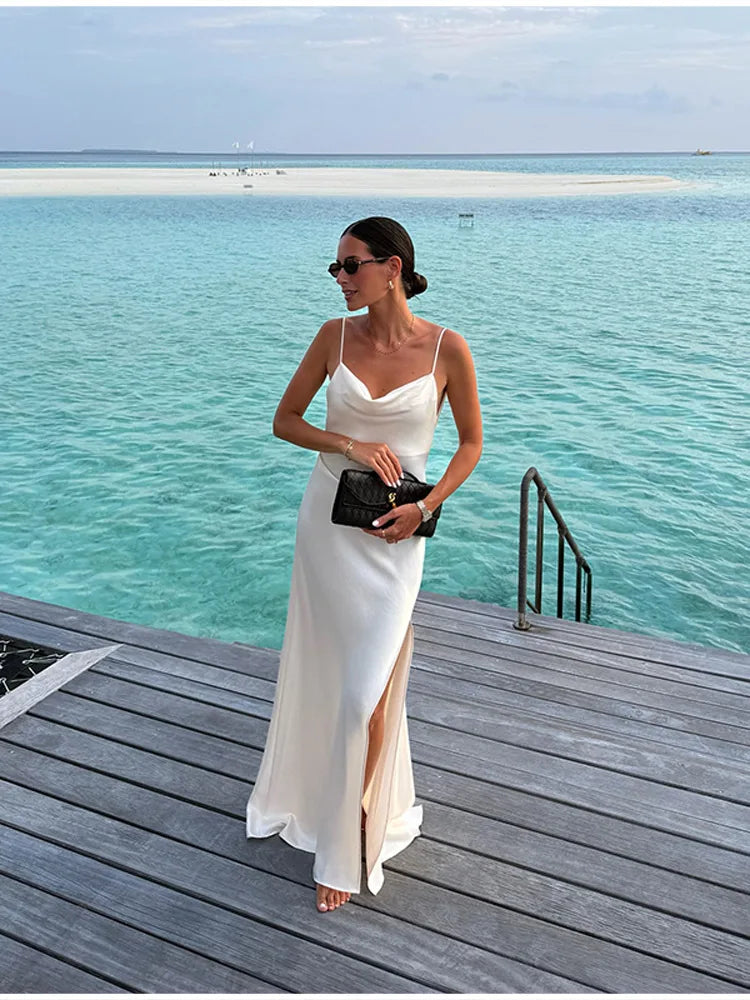 Luxury White Satin Backless Veatido Women Sexy Spaghetti Strap V-neck High Split Midi Dress Vacation Evening Party Beach Outfits
