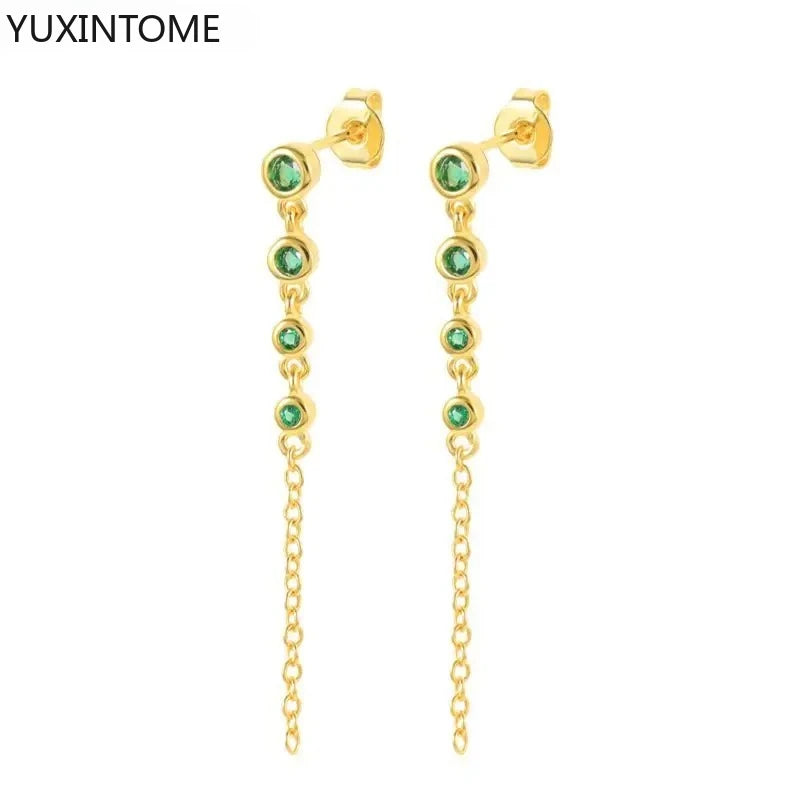 925 Sterling Silver Needle Long Chain Stud Earrings For Women Exquisite Zircon Geometric Tassel Pendant Earrings Luxury Jewelry